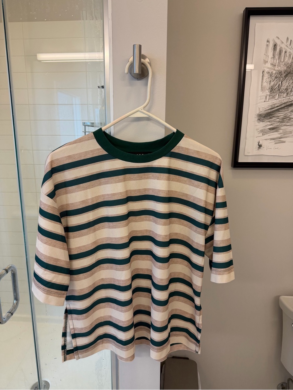 Lioness Striped Short-Sleeve Crewneck in Cream, Tan & Dark Green